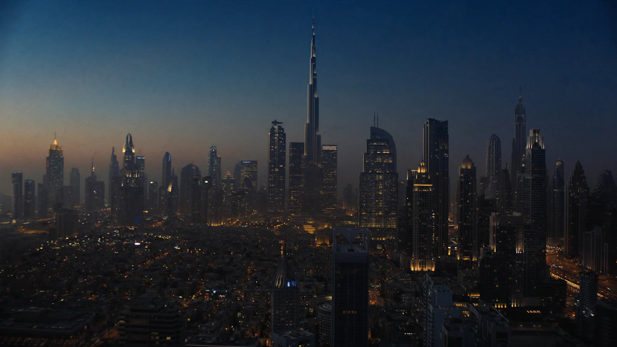 Dubai skyline with the Burj Khalifa at dusk