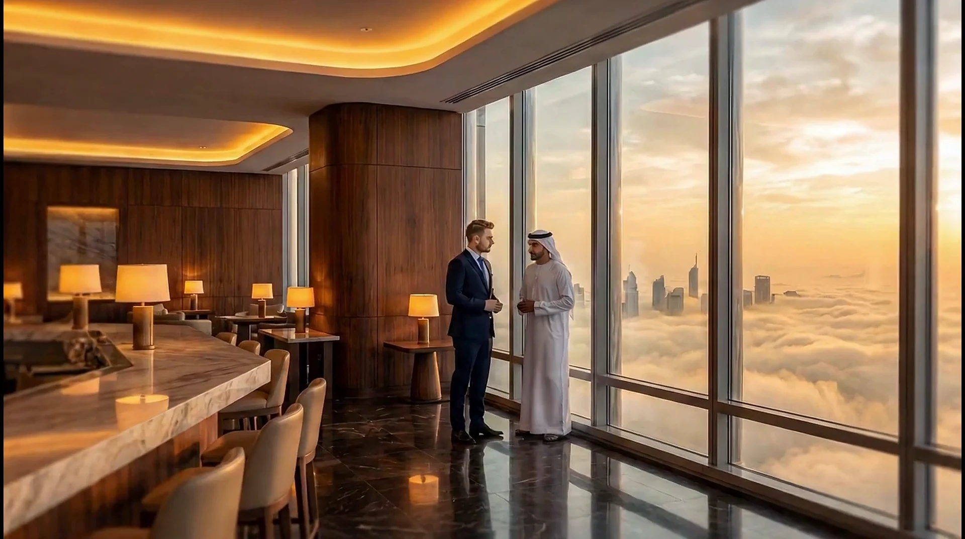 Accounting Dubai, founder in conversation with an Emirati partner above the Dubai skyline